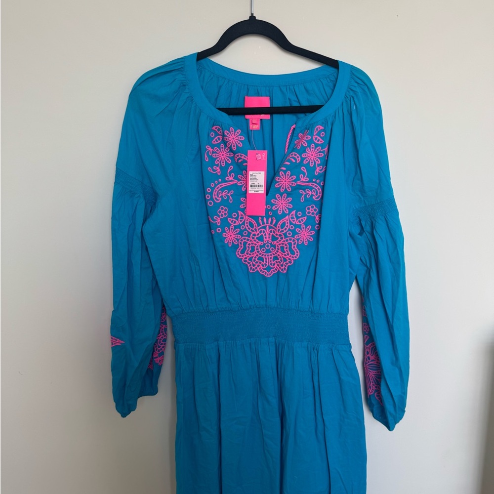 Lilly Pulitzer Turquoise Dress with Pink Floral Embroidery